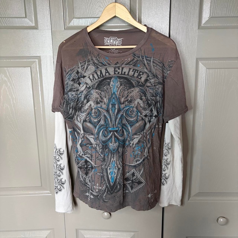 MMA Elite Mens Brown Grey Long Sleeve Graphic Shirt Layered Grunge Skater Size M